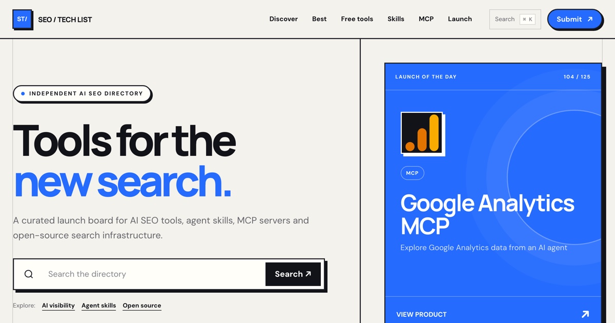 SEO Tech List - launch board for AI SEO tools built by Webmoose