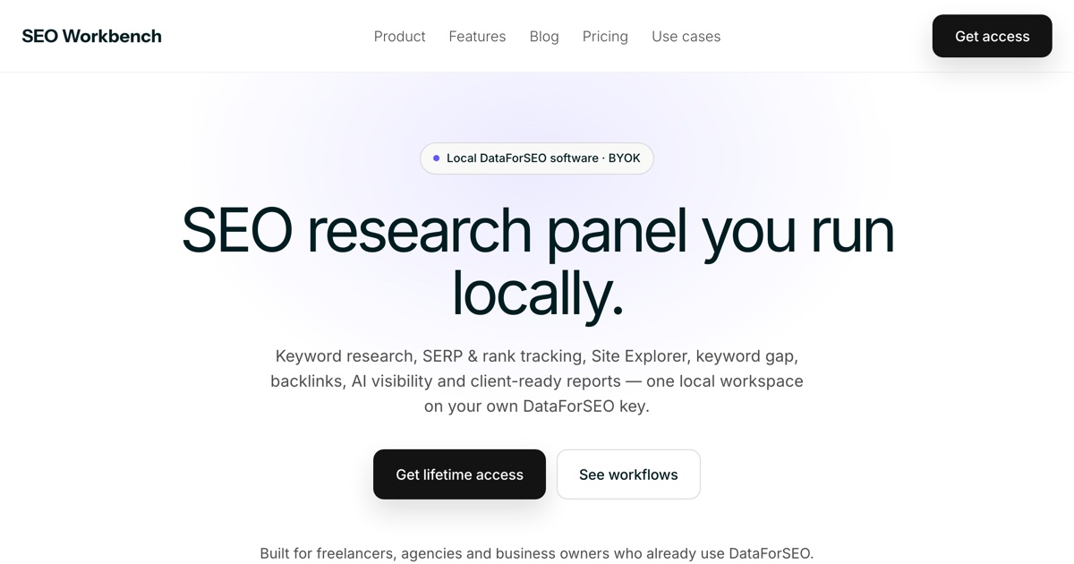 SEO Workbench - local DataForSEO research panel built by Webmoose